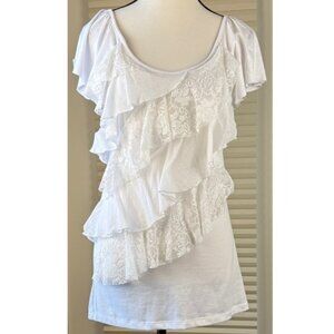 SWS White Ruffle Lace Layered Top S Feminine Boho Romantic Flutter Sleeve Blouse